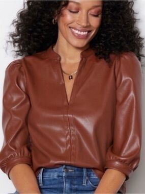 Tyler Böe Cognac Brown Faux Leather Puff Balloon Sleeve Blouse Vegan Leather Top